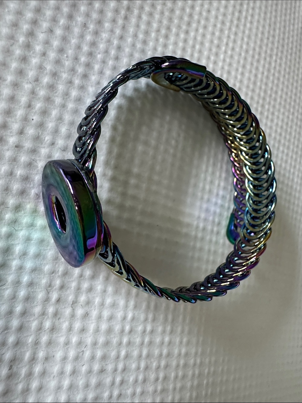 Iridescent Green Glass Disc Coil Ring